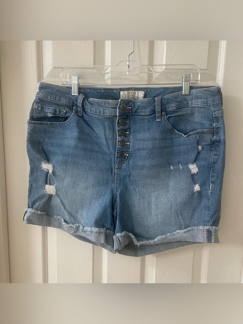 torrid Distressed Button-Fly Denim Shorts - Blue